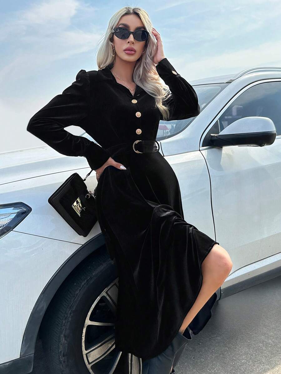 SHEIN Essnce 泡泡袖腰帶襯衫洋裝 - 黑色 - 查看 1