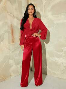 SHEIN SXY Fall Women's Sexy Satin Leopard Print Straight-Legged Fashionable Skinny Pants - Red - View 3