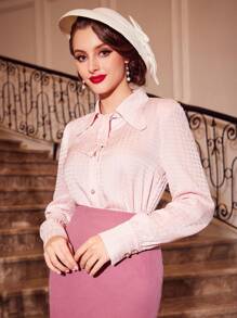 Vintamour Camisa de cuello con cordón con botón delantero - Rosa - Ver 7