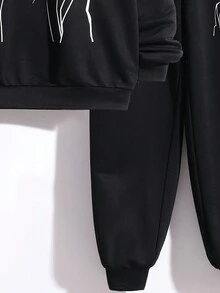 SHEIN Con trai Và Cô gái Lỏng lẻo áo có mũ Đồ họa Áo nỉ Và Quần thể thao Bộ - màu đen - Xem 5