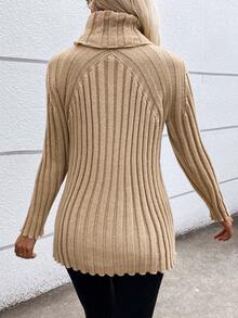SHEIN LUNE 高領插肩袖條紋針織套頭毛衣 - 卡其色 - 查看 2