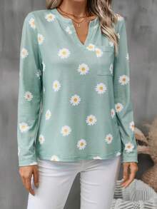 SHEIN LUNE Camiseta Con Bolsillo De Parche Y Estampado De Margaritas - Verde - Ver 4