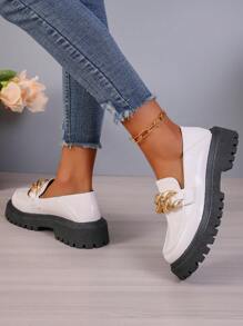 女款厚底懶人鞋,2023年秋季新品,圓頭,多用途米色皮革鞋,英倫風格專利皮革厚底鞋 - 米色 - 查看 5