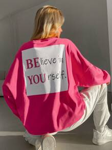 RueChic Slogan Graphic Drop Shoulder Sweatshirt - Coral Pink - View 1