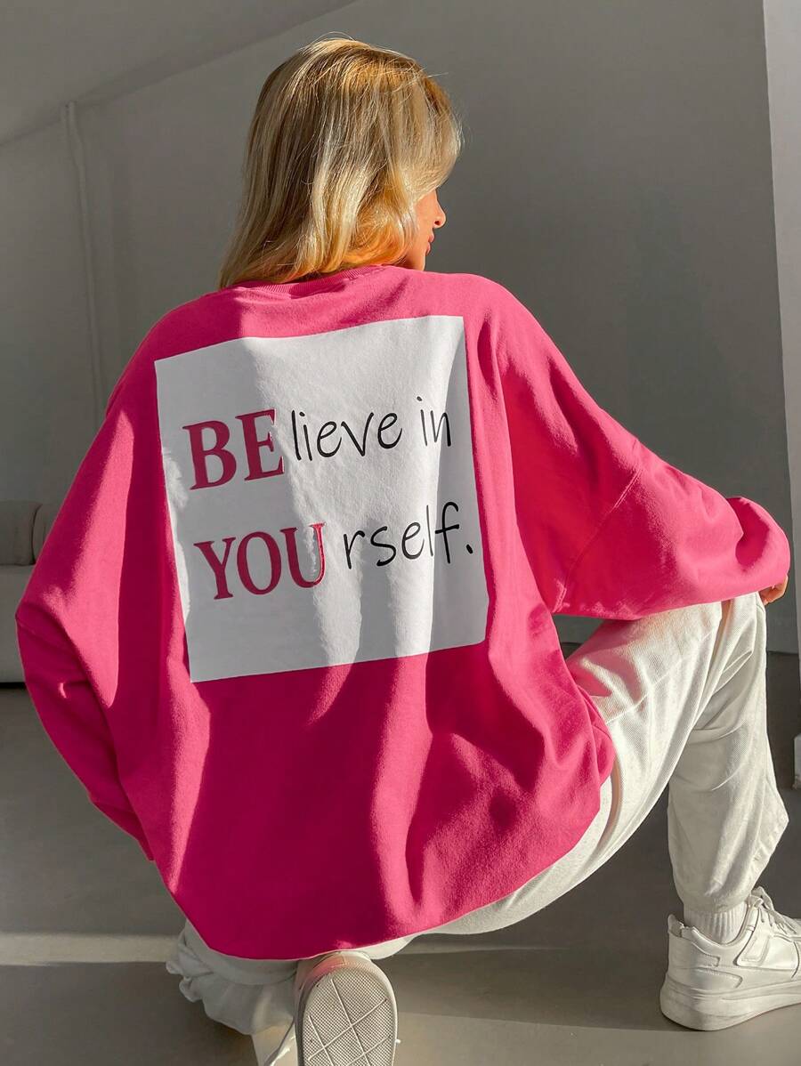RueChic Slogan Graphic Drop Shoulder Sweatshirt - Coral Pink - View 1