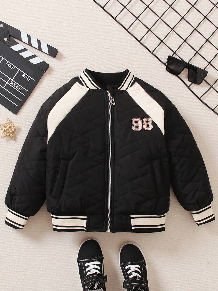 Boys' Fashionable Thick -padded Windproof Long Sleeve Baseball Jacket With Letter Print, Winter