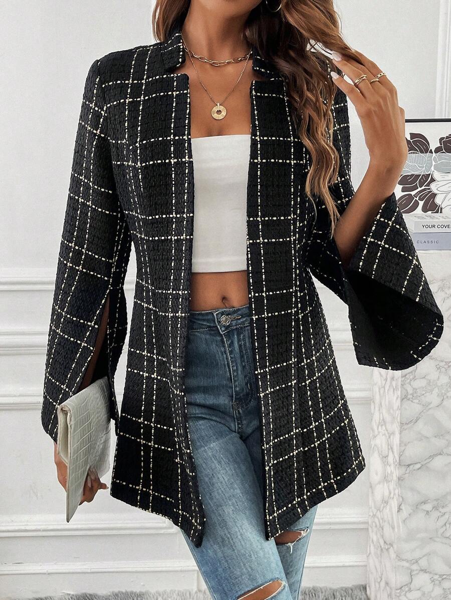 Chiquease Plaid Print Open Front Blazer Fall Cloth For Women