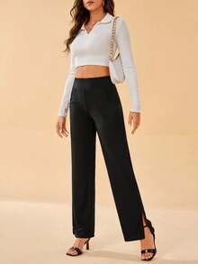 SHEIN Tall 素色斜口袋直筒褲 - 黑色 - 查看 5