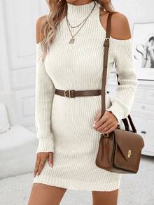 SHEIN Clasi 女款長袖露肩毛衣連身裙 - 白色 - 查看 3