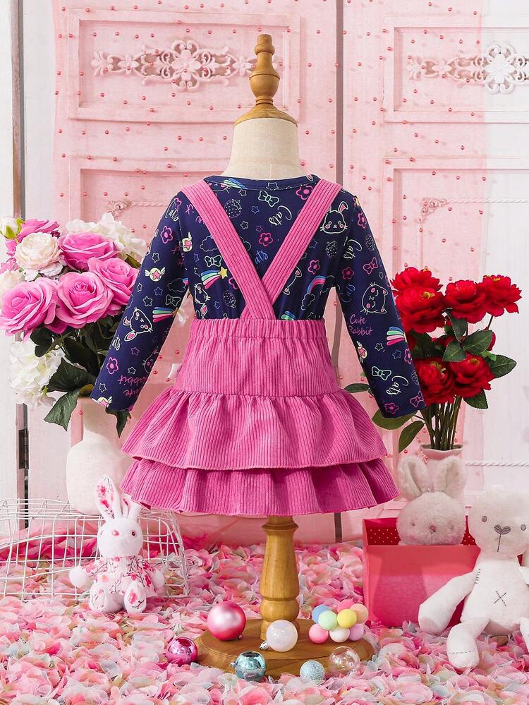 Baby Girls' Cute Rainbow & Cloud Print Top And Corduroy Double-layered Overall Dress For Autumn/winter