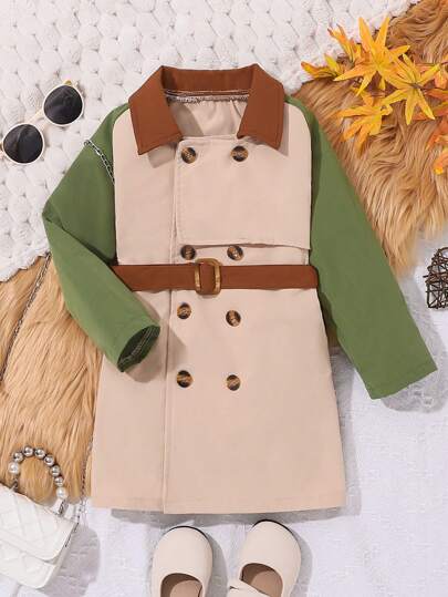 SHEIN 男嬰撞色雙排釦腰帶風衣外套