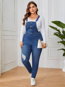 SHEIN Privé 大尺碼女士破洞背帶牛仔連體褲 - 藍色 - 查看 5