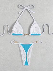 Swim Vcay Summer Beach Contrast Binding Halter Triangle Bikini Set - Blue - View 5