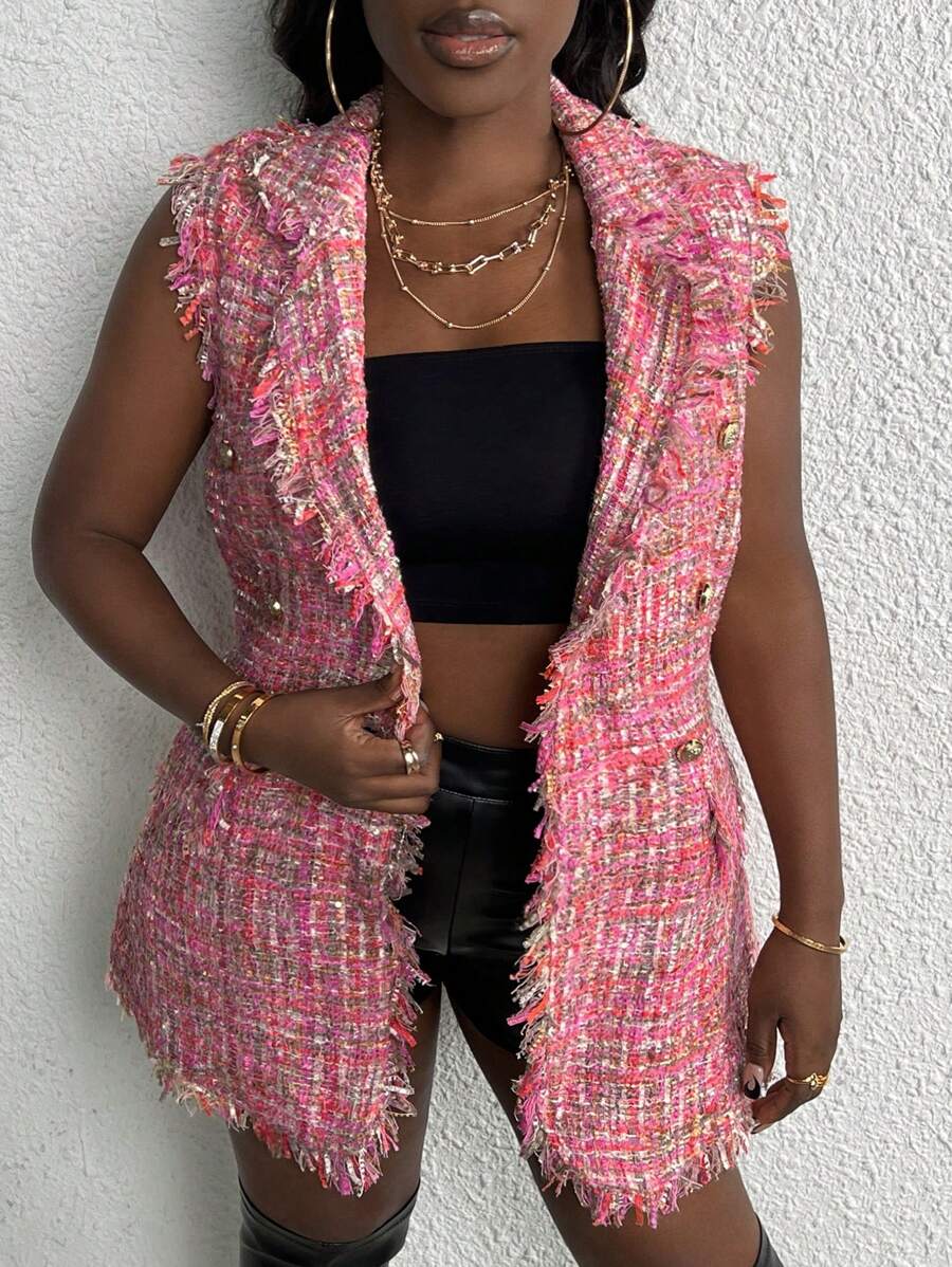 Slaydiva 雙排釦毛邊緣粗花呢馬甲西裝外套 - 粉色 - 查看 1