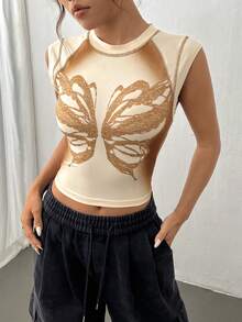 SHEIN Unity In bướm Crop Tank Top - màu nâu - Xem 3