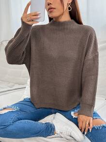 SHEIN PETITE 半高領下肩寬鬆毛衣 - 咖啡棕 - 查看 1