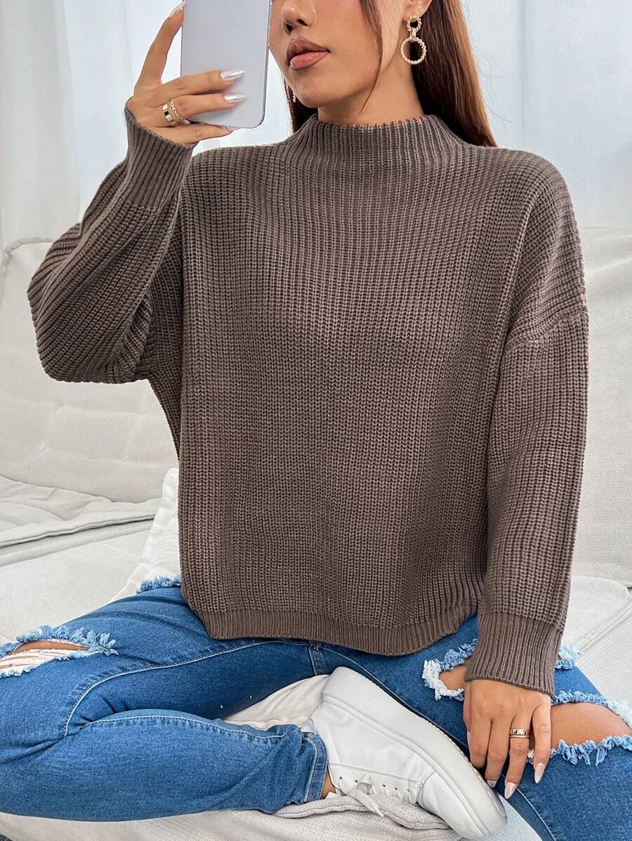 SHEIN PETITE 半高領下肩寬鬆毛衣 - 咖啡棕 - 查看 1