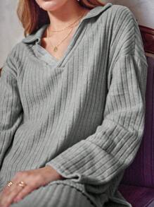 EURMUSE Women's Solid Color Drop Shoulder Knitted Ribbed Top And Long Pants Two-piece Set - Light Grey - View 4