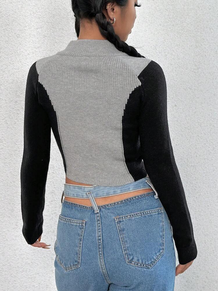 Color Block Half Zip Crop Knit Pullover Fall Winter Sweater