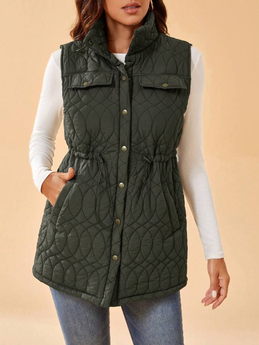 SHEIN Tall Women's Sleeveless Quilted Padded Coat - Army Green - View 1