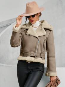 SHEIN Essnce Teddy Lined Belted Moto Jacket - Khaki - View 3