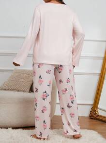 Plus Size Butterfly Printed Top & Pants Pajama Set, Fall Winter Clothes, Cozy Outfit - Multicolor - View 3