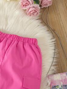 SHEIN 休閒口袋 前紐扣純色女童（小）兩件套 - 玫紅色 - 查看 7