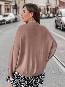 SHEIN LUNE Plus Mock Neck Drop Shoulder Sweater Knit Pullover Fall Winter Outfit - Brown - View 2