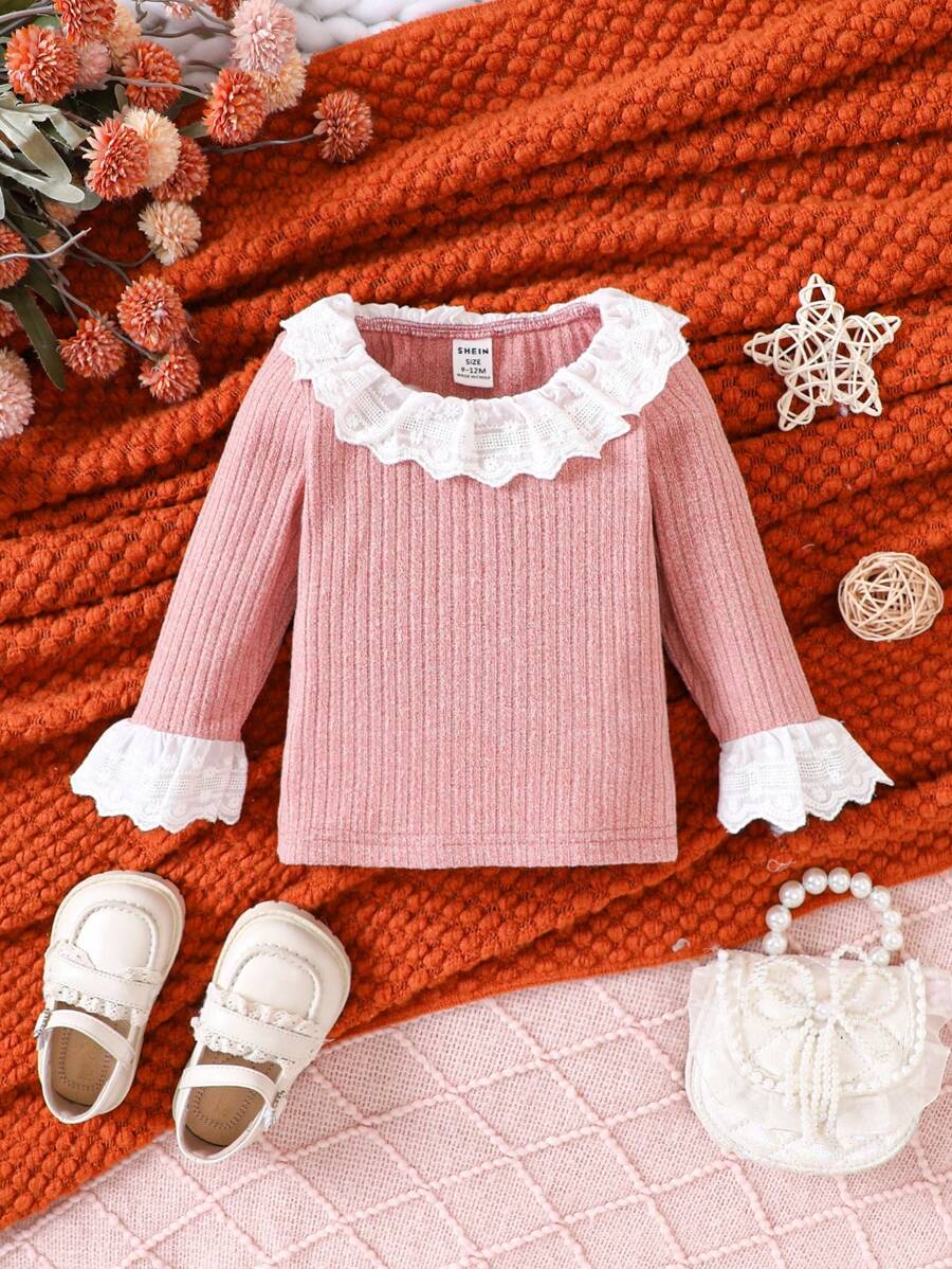 Bebé niña Top con encaje en contraste ribete con fruncido de manga amplia - Rosa - Ver 1