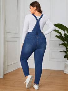 SHEIN Privé 大尺碼女士破洞背帶牛仔連體褲 - 藍色 - 查看 2