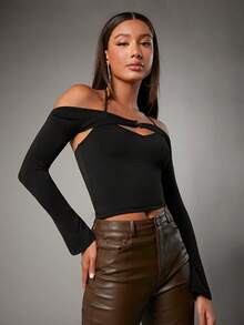 SHEIN BAE Áo thun cổ dây chắc chắn, đi chơi - màu đen - Xem 3