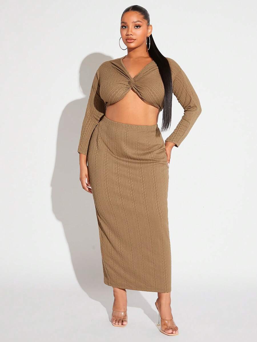 SHEIN SXY Plus Twist Front Crop Top & Skirt - Brown - View 1