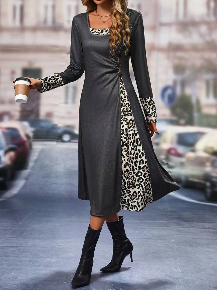 SHEIN Clasi Vestido línea A con estampado de leopardo en contraste con diseño de botón - Negro - Añade 6