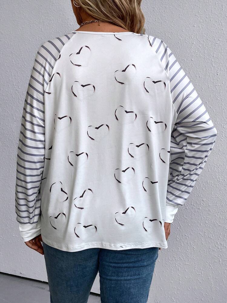 Plus Striped & Heart Print Raglan Sleeve Half Zip Tee Fall Cloth For Women