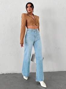 EURMUSE High Waisted Straight Leg Jeans - Light Wash - View 6