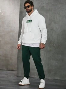 Manfinity Homme 男士大码字母圖案袋鼠口袋抽繩連帽衫和運動褲 - 白色 - 查看 3