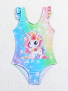 Traje De Baño Con Tirantes Y Volantes Para Bebé Niña Con Estampado De Unicornio - Multicolor - Ver 1