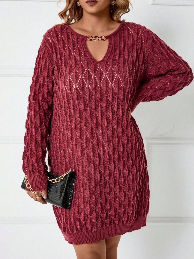 Plus Chain Detail Keyhole Neckline Pointelle Knit Sweater Dress Fall Cloth For Women