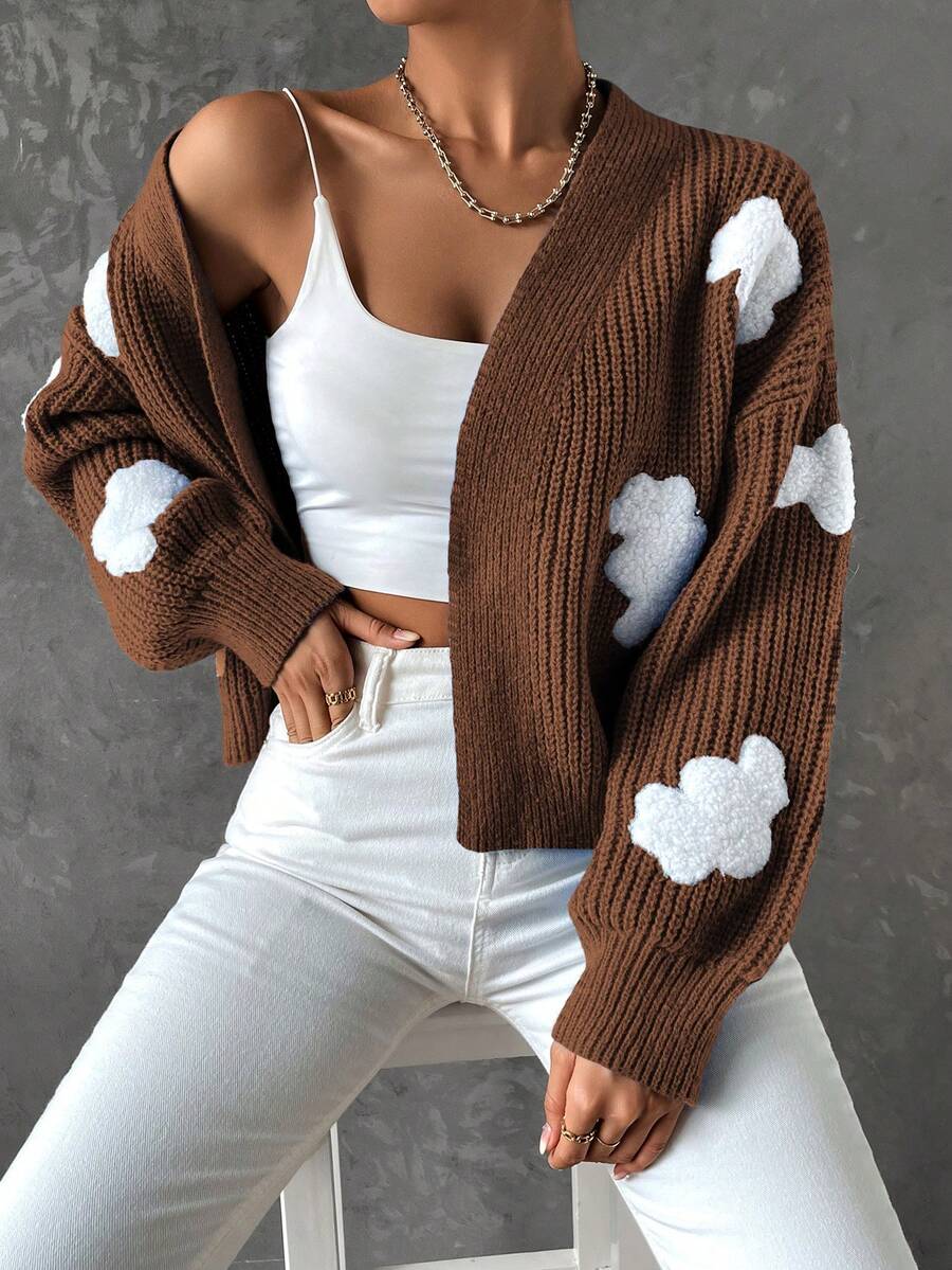 SHEIN Qutie 女款開襟羊毛衫,3d雲絨圖案 - 咖啡棕 - 查看 1