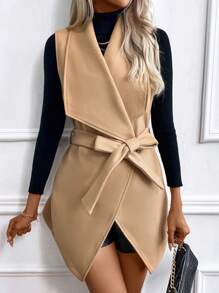 SHEIN Essnce 大翻領開門襟背心大衣 - 薑色 - 查看 3