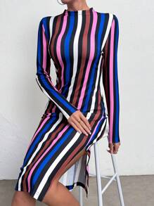 SHEIN ChicEase 條紋印花小高領高衩緊身洋裝 - 彩色 - 查看 3