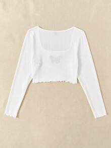 SHEIN EZwear 大碼蝴蝶圖案木耳邊T恤 - 白色 - 查看 2