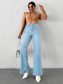 EURMUSE High Waisted Straight Leg Jeans - Light Wash - View 3