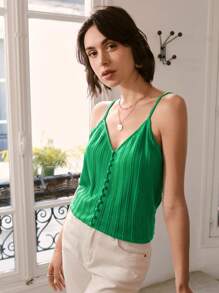 SHEIN Frenchy 素色麻花編織吊帶上衣 - 綠色 - 查看 3