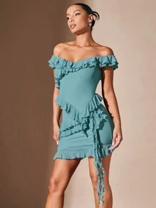 SHEIN BAE Falda con top de hombros descubiertos ribete con fruncido - Verde - Ver 8