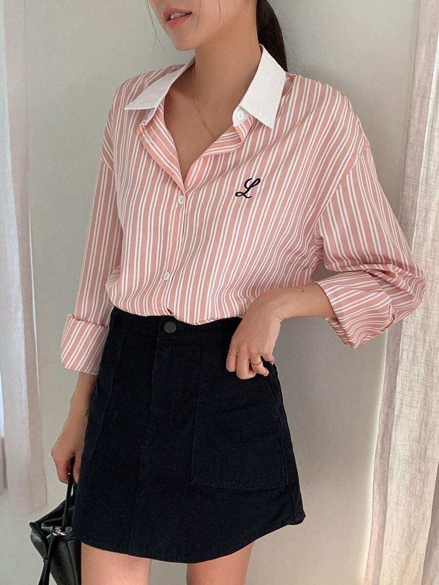 DAZY Letter Embroidered Striped Shirt - Pink - View 1