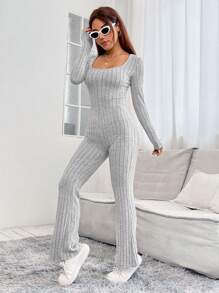 SHEIN PETITE Square Neck Ribbed Knit Flare Leg Jumpsuit - Grey - View 5