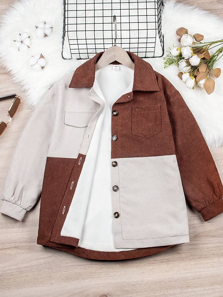 Tween Girl Two Tone Pocket Patched Corduroy Shirt