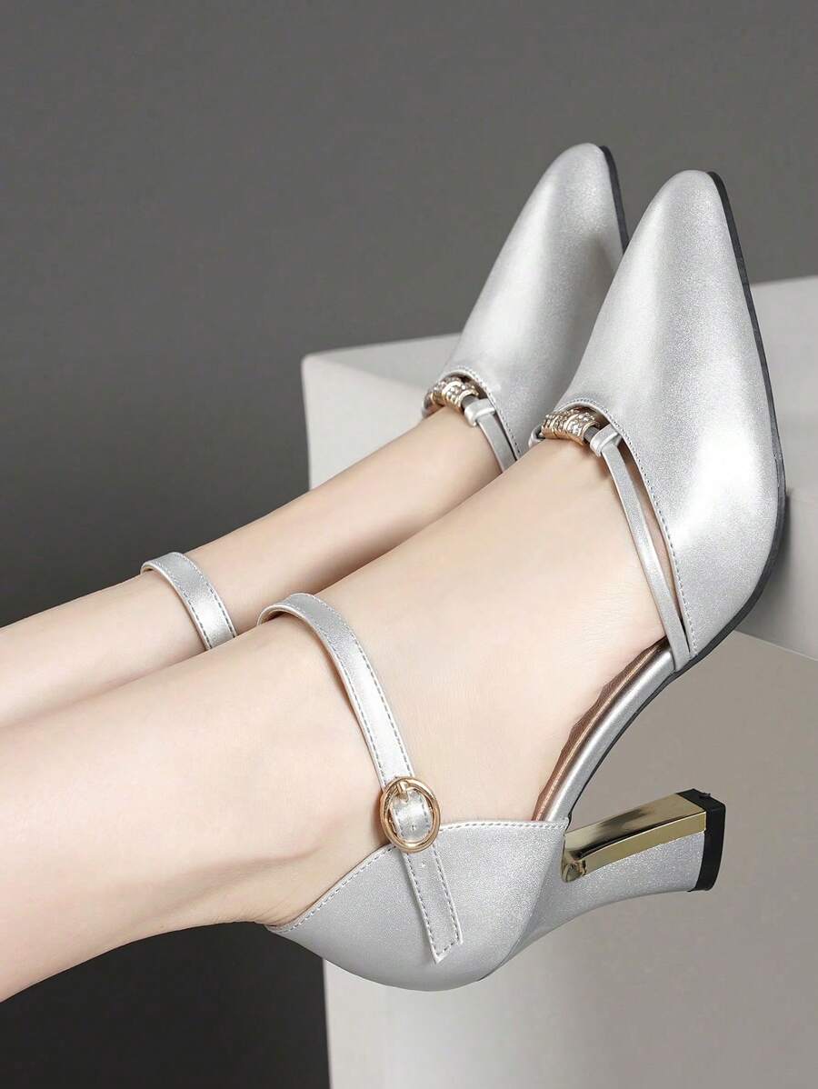 女士尖头高跟鞋，粗跟设计，踝带，优雅，适合派对装扮 - 銀色 - 查看 1