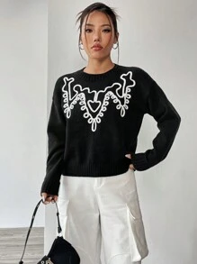 SHEIN LUNE 圖形圖案落肩袖套頭毛衣